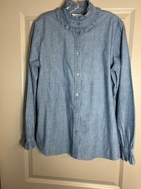 J. Crew Classic Fit Ruffle Collar Chambray Blouse Size 10